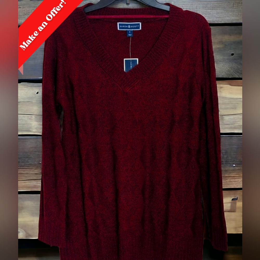 Karen Scott Sweater, Cranberry Red. Brand New! V-Neck, Size: S